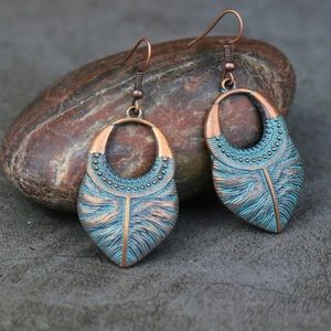 Sculptured Boho Dangle Earrings NEW French Hooks Turquoise & Bronze Color